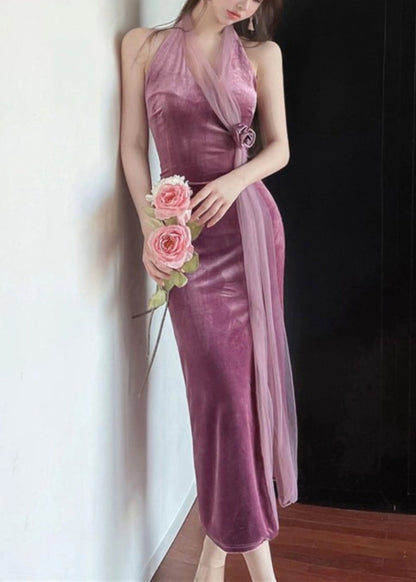 Black V Neck Tulle Patchwork Backless Silk Velvet Long Dress Summer
