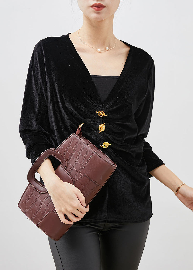 Black V Neck Wrinkled Silk Velour Blouse Tops Spring