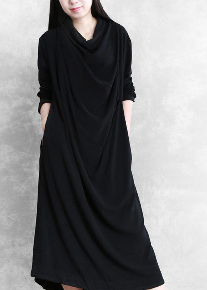 Black Velour Blended Cozy Draping Long Dresses Spring