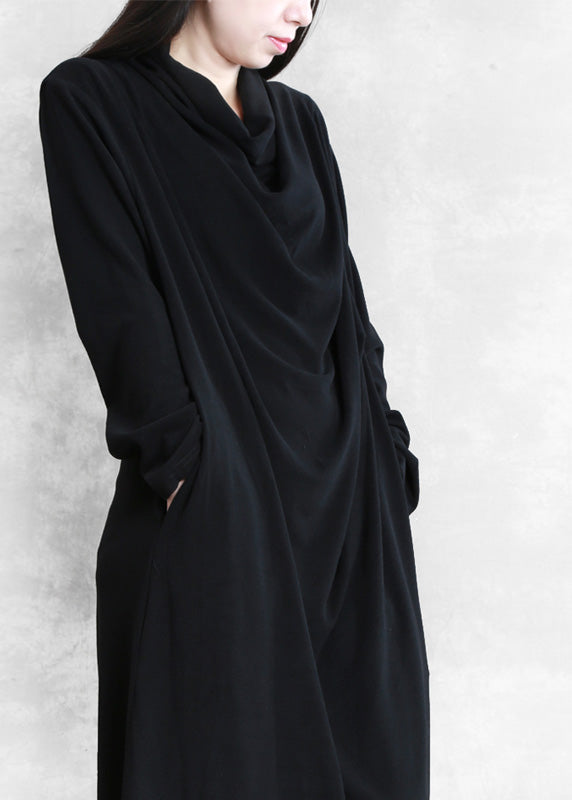 Black Velour Blended Cozy Draping Long Dresses Spring