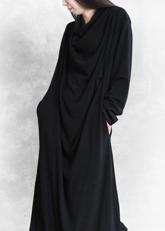 Black Velour Blended Cozy Draping Long Dresses Spring