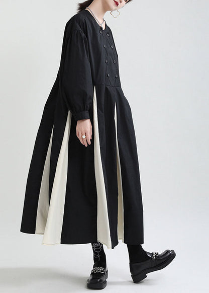 Black White Patchwork Exra Large Hem Cotton Shirt Dresses Puff Sleeve