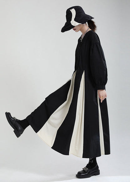 Black White Patchwork Exra Large Hem Cotton Shirt Dresses Puff Sleeve