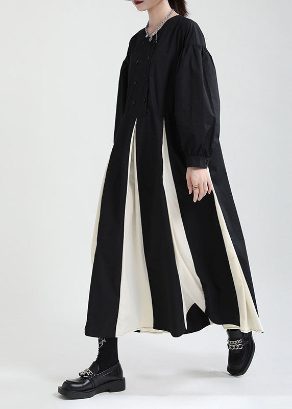 Black White Patchwork Exra Large Hem Cotton Shirt Dresses Puff Sleeve