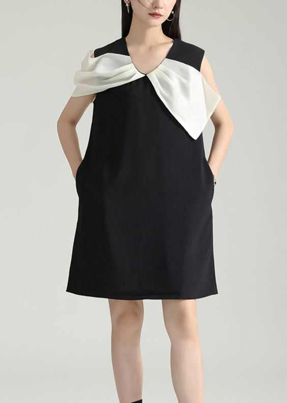 Black Wrinkled Patchwork Cotton Mid Dress Sleeveless