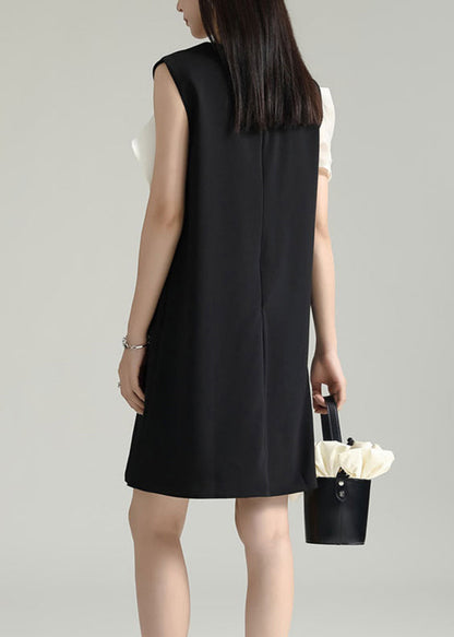 Black Wrinkled Patchwork Cotton Mid Dress Sleeveless
