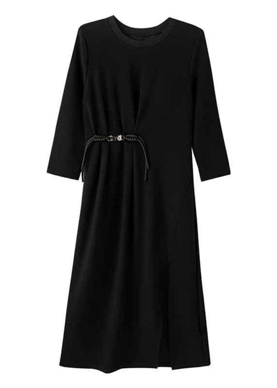 Black Wrinkled Tunic Maxi Dresses Long Sleeve