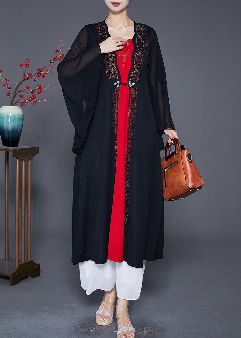 Black Zircon Patchwork Chiffon Fake Two Piece Dress Cloak Sleeves
