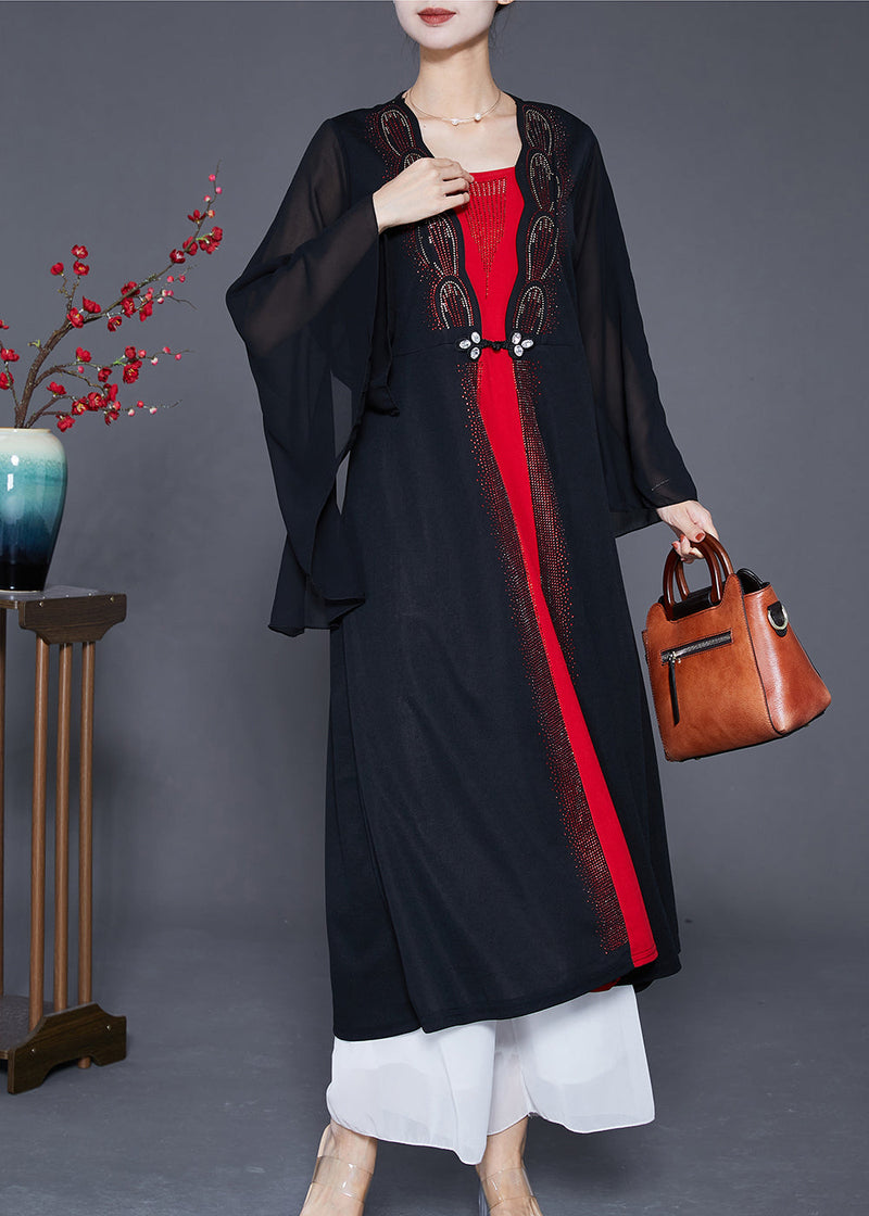 Black Zircon Patchwork Chiffon Fake Two Piece Dress Cloak Sleeves