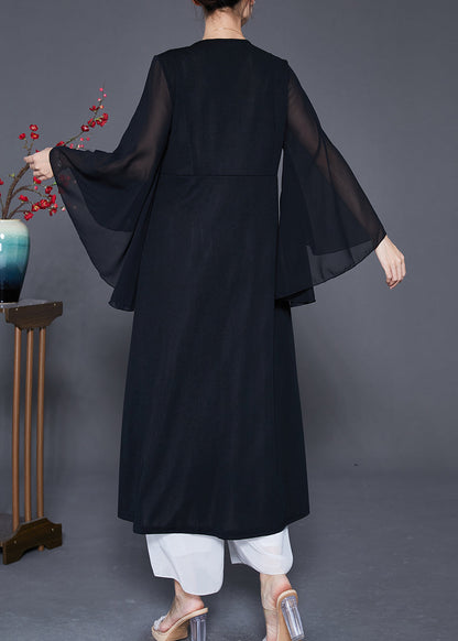 Black Zircon Patchwork Chiffon Fake Two Piece Dress Cloak Sleeves
