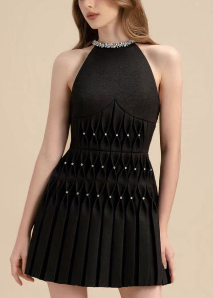 Black Zircon Pearl Cotton Pleated Dresses Sleeveless