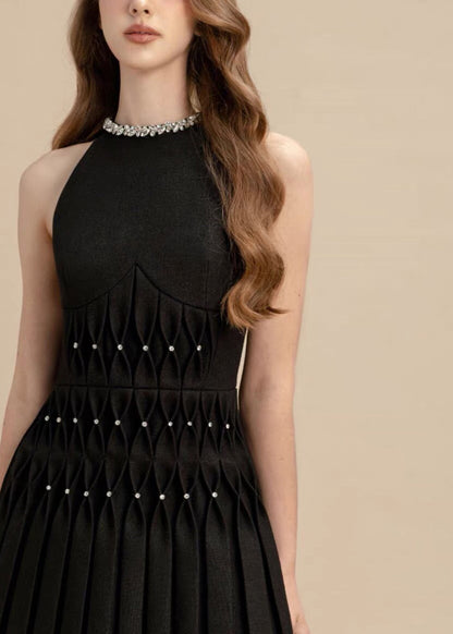 Black Zircon Pearl Cotton Pleated Dresses Sleeveless