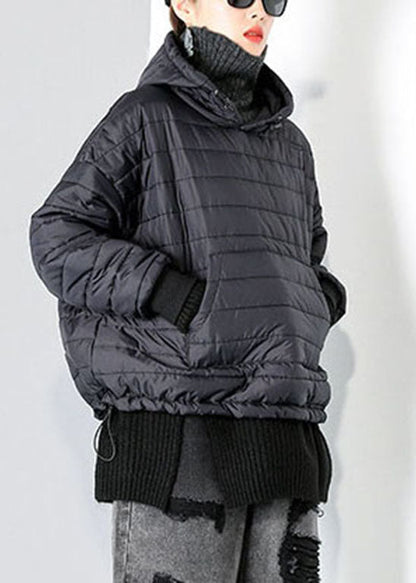 Black Drawstring Hooded Pockets Fine Cotton Filled Tops Winter
