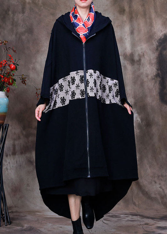 Black Hooded Cloak Sleeves Asymmetrical Design Winter Coat