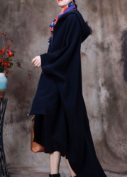 Black Hooded Cloak Sleeves Asymmetrical Design Winter Coat