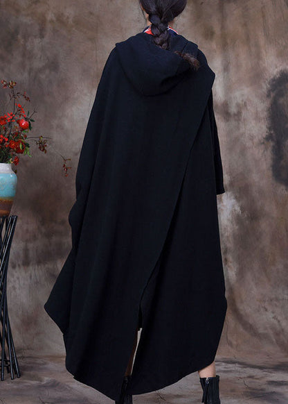 Black Hooded Cloak Sleeves Asymmetrical Design Winter Coat