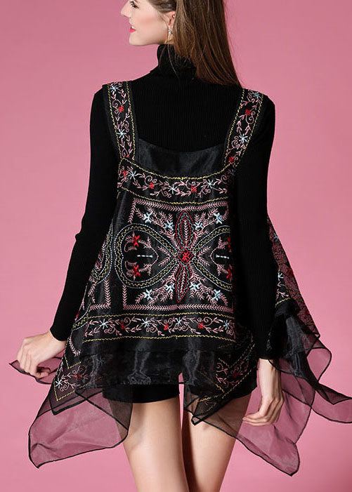 Black Knit Sweaters + Embroideried Print Fall Two Pieces Set