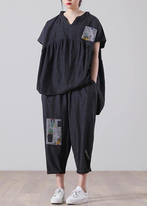 Elegant Black patchwork Pockets Cotton Two Pieces Set Summer