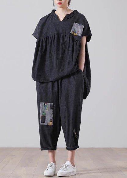 Elegant Black patchwork Pockets Cotton Two Pieces Set Summer