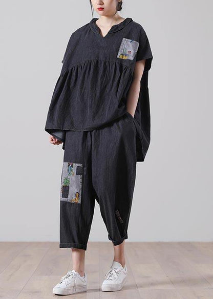 Elegant Black patchwork Pockets Cotton Two Pieces Set Summer