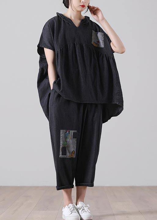 Elegant Black patchwork Pockets Cotton Two Pieces Set Summer