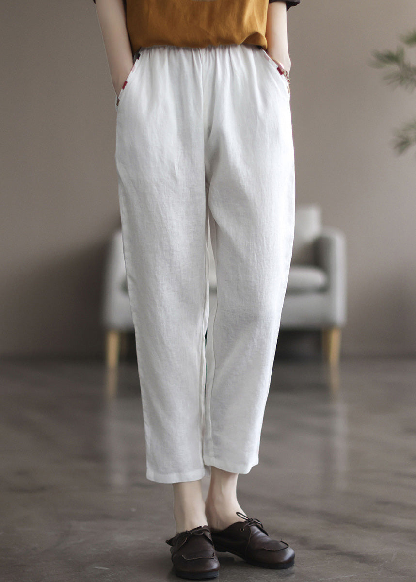 Black Tpatchwork Elastic Waist Linen Crop Pants