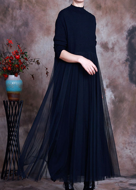 Black Tulle Patchwork Knit Dress Spring
