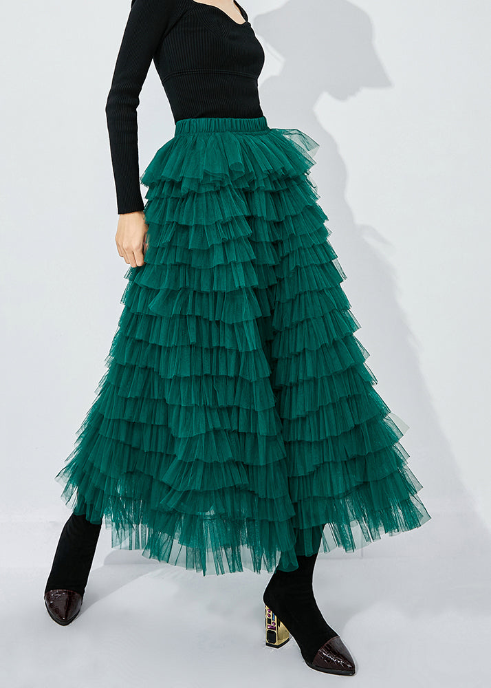 Blackish Green High Waist Layered Tulle Skirts Summer