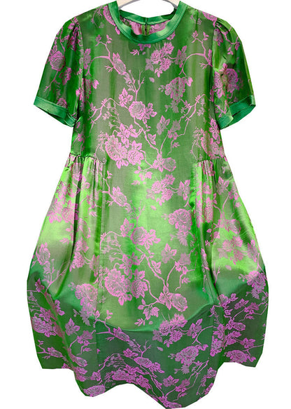 Blackish Green O-neck Print Wrinkled Silk Dresses Short Sleeve