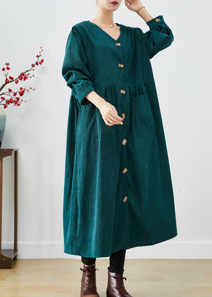 Blackish Green Oversized Pockets Corduroy Trench Fall