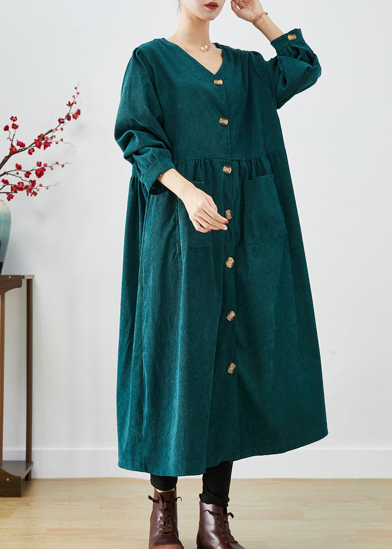 Blackish Green Oversized Pockets Corduroy Trench Fall