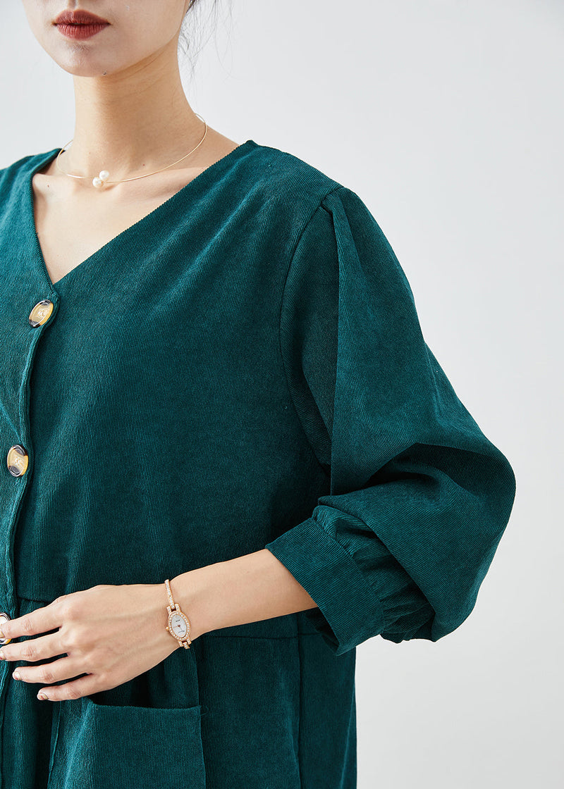 Blackish Green Oversized Pockets Corduroy Trench Fall