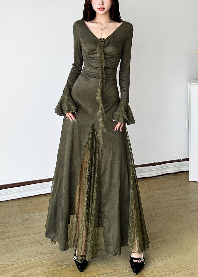 Blackish Green Patchwork Lace Long Dress Flare Sleeve