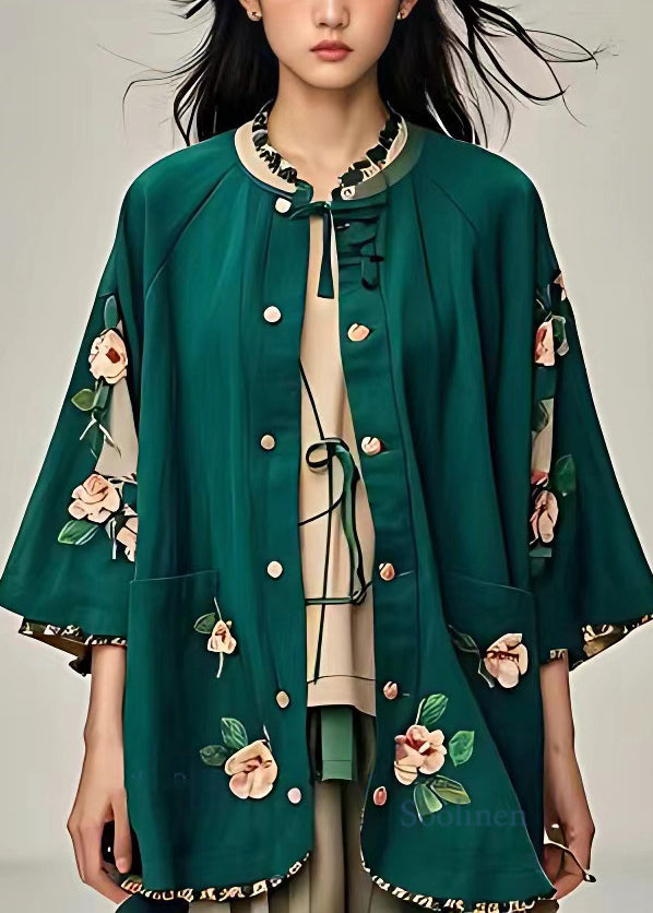 Blackish Green Ruffled Button Coats Fall
