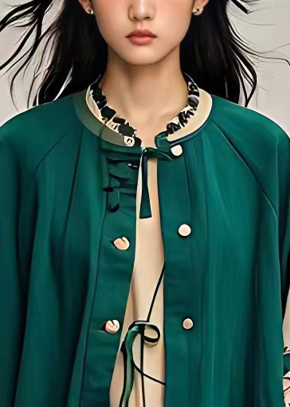 Blackish Green Ruffled Button Coats Fall