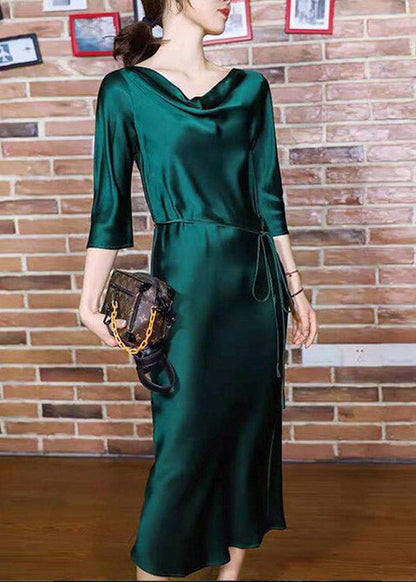 Blackish Green Slash Neck Tie Waist Silk Long Dresses Half Sleeve
