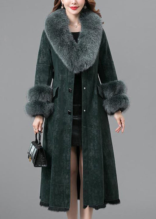 Blackish Green Slim Fit Faux Rabbit Leather and Fur Coats Winter