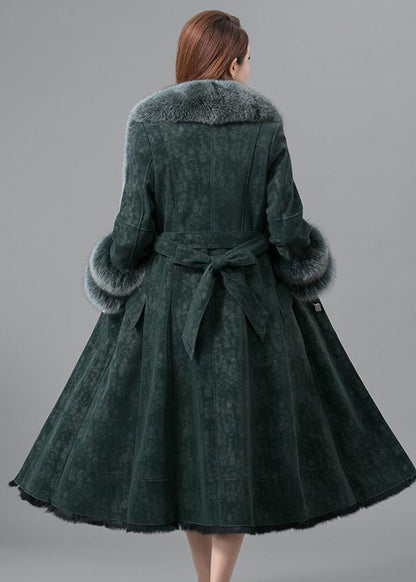 Blackish Green Slim Fit Faux Rabbit Leather and Fur Coats Winter