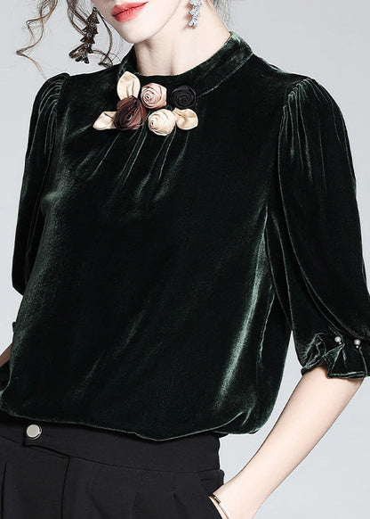 Yellow Stand Collar Silk Velour Top Short Sleeve