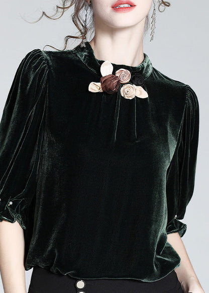 Blue Stand Collar Silk Velour Top Short Sleeve
