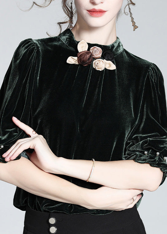 Purple Stand Collar Silk Velour Top Short Sleeve
