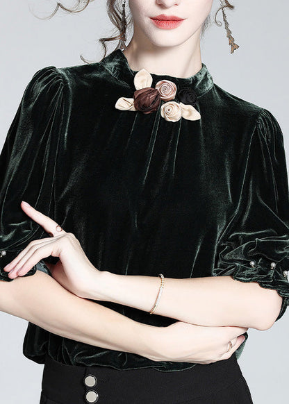 Yellow Stand Collar Silk Velour Top Short Sleeve