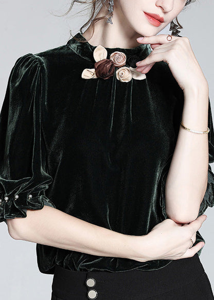 Sky Blue Stand Collar Silk Velour Top Short Sleeve