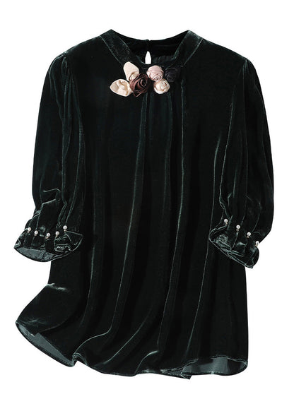 Blackish Green Stand Collar Silk Velour Top Short Sleeve
