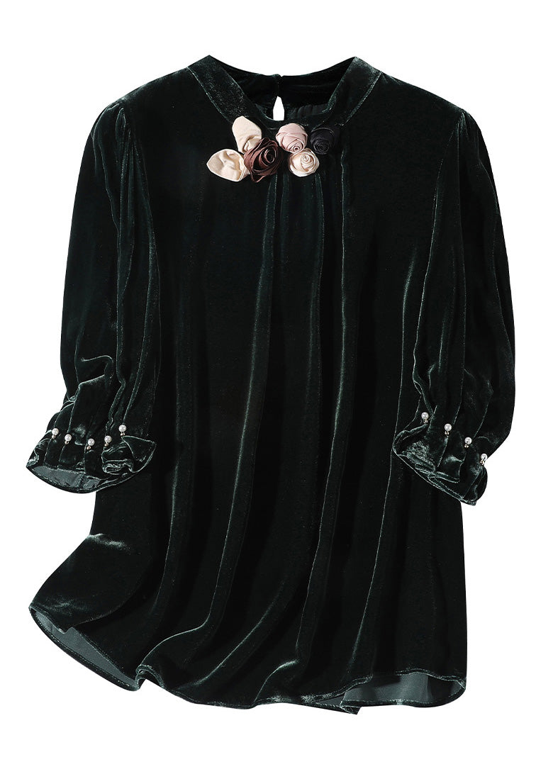 Blackish Green Stand Collar Silk Velour Top Short Sleeve