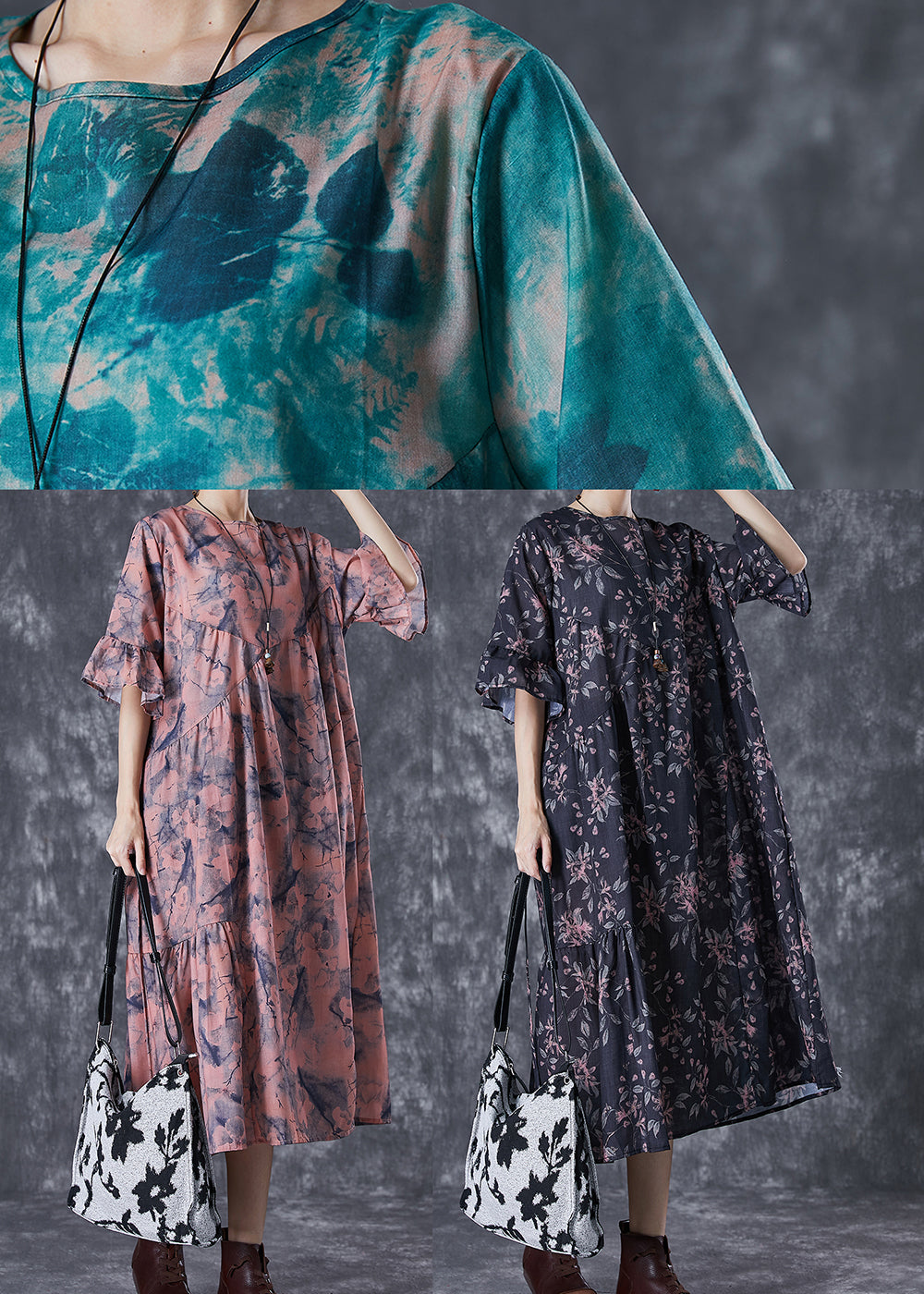 Blackish Green Tie Dye Wrinkled Cotton Dress Summer