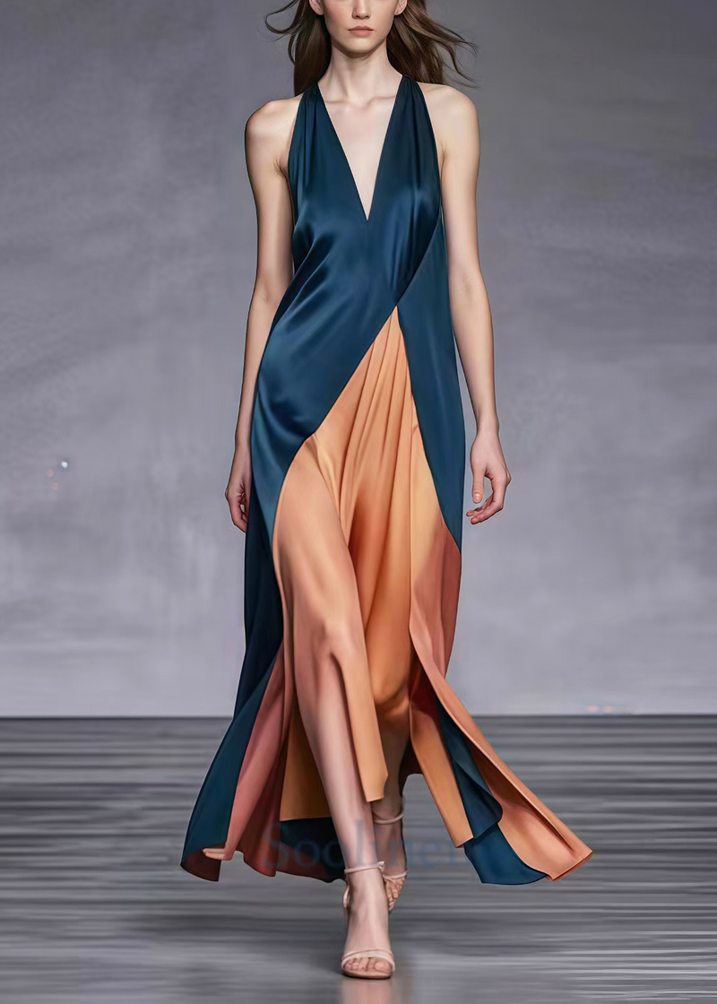 Blackish Green V Neck Patchwork Silk Ankle Dress Summer