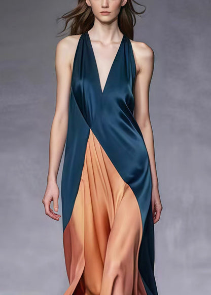 Blackish Green V Neck Patchwork Silk Ankle Dress Summer