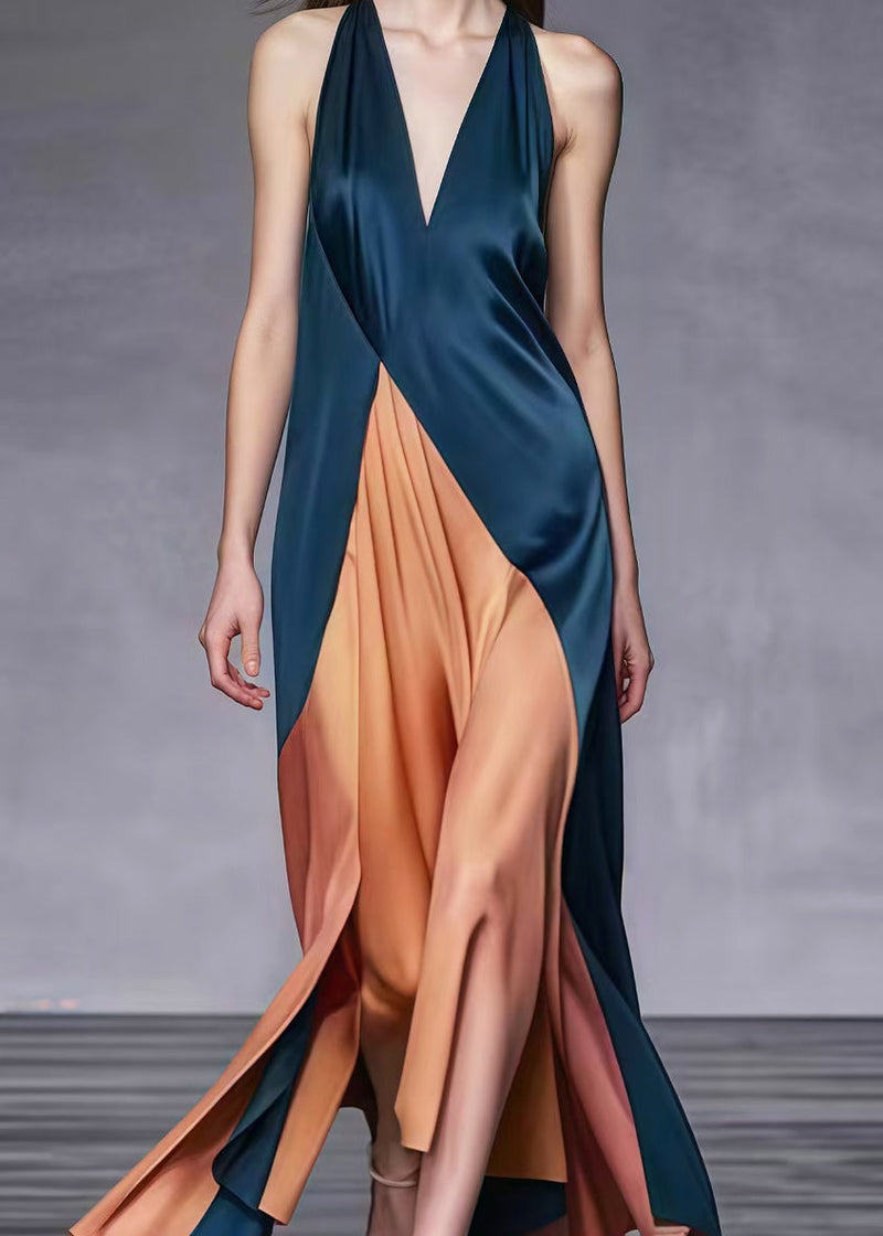 Blackish Green V Neck Patchwork Silk Ankle Dress Summer