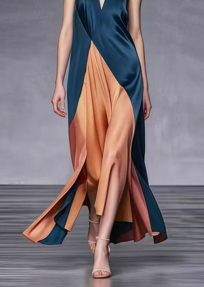 Blackish Green V Neck Patchwork Silk Ankle Dress Summer